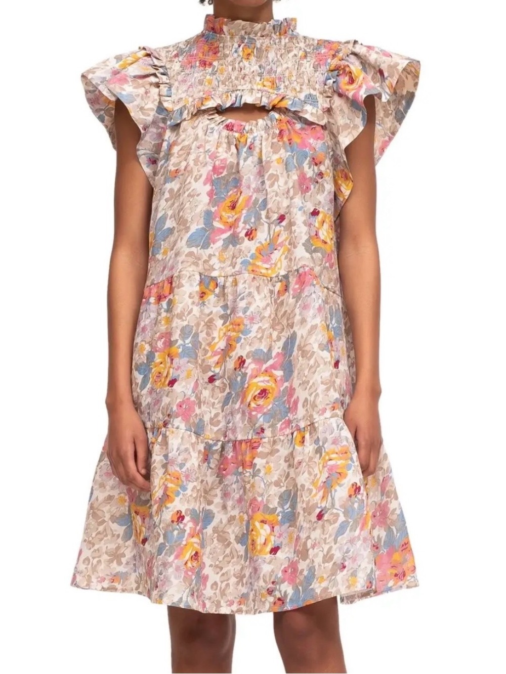 Sea New York Inez Floral Ruffle-Yoke Dress in Pink Yellow Blue S 4
